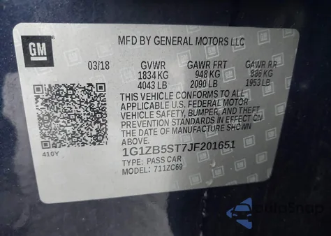 2018 Chevrolet Malibu 1Ls z USA, uszkodzony, nr VIN 1G1ZB5ST7JF201651